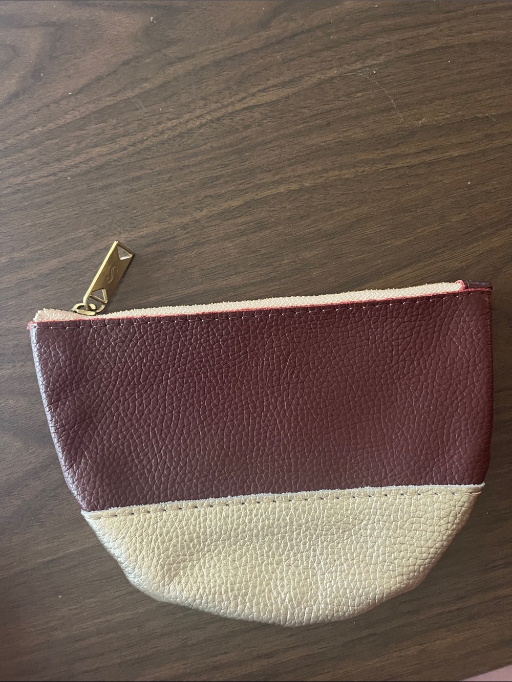Sseko Two-Tone Leather Zip Pouch in Burgundy and Cream